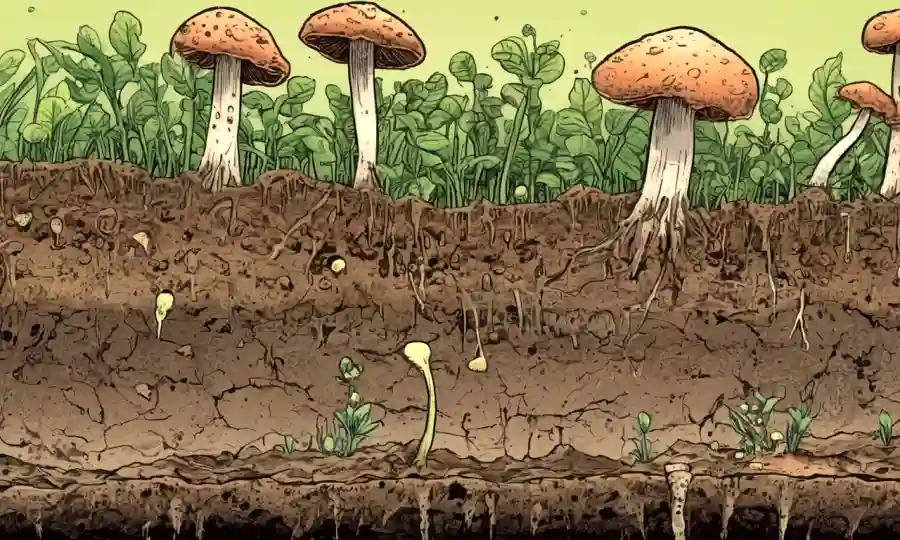 hongos microscópicos que descomponen la materia orgánica en el suelo con el crecimiento de plantas floreciendo.