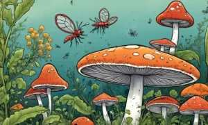 Fungi interactuando con insectos o plantas en una estrecha relación.