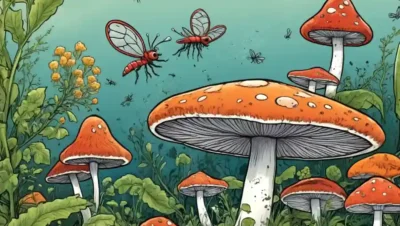 Fungi interactuando con insectos o plantas en una estrecha relación.