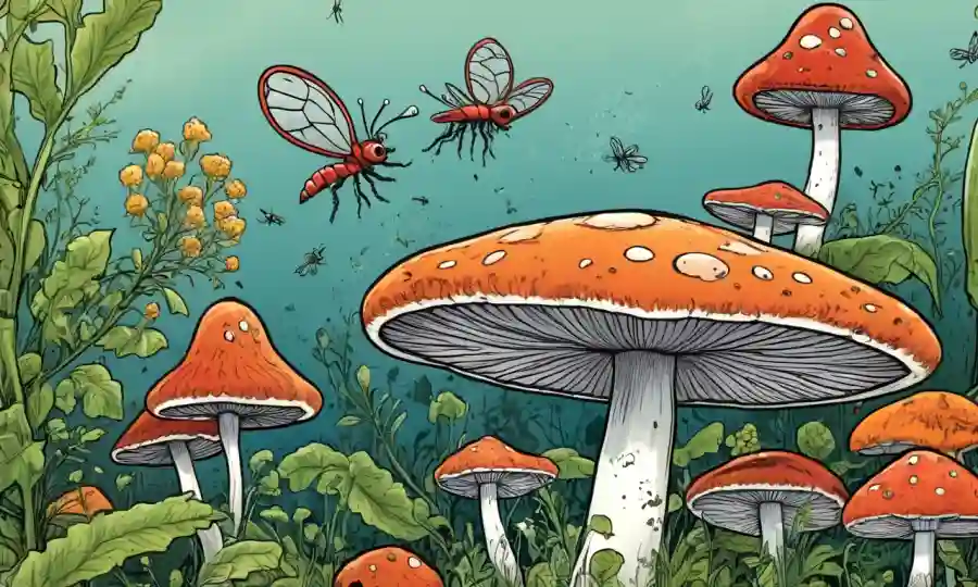 Fungi interactuando con insectos o plantas en una estrecha relación.