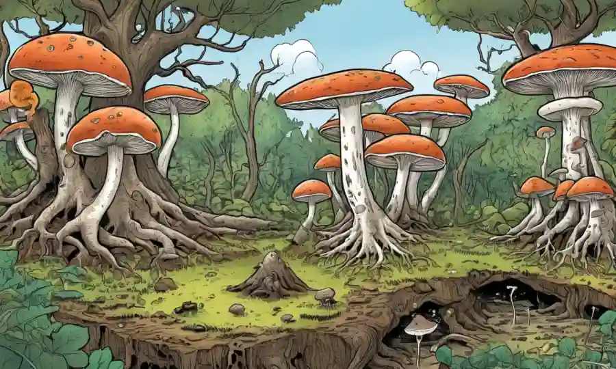 Fungi descompone la materia orgánica en un ecosistema con ciclos de nutrientes y raíces de árboles.