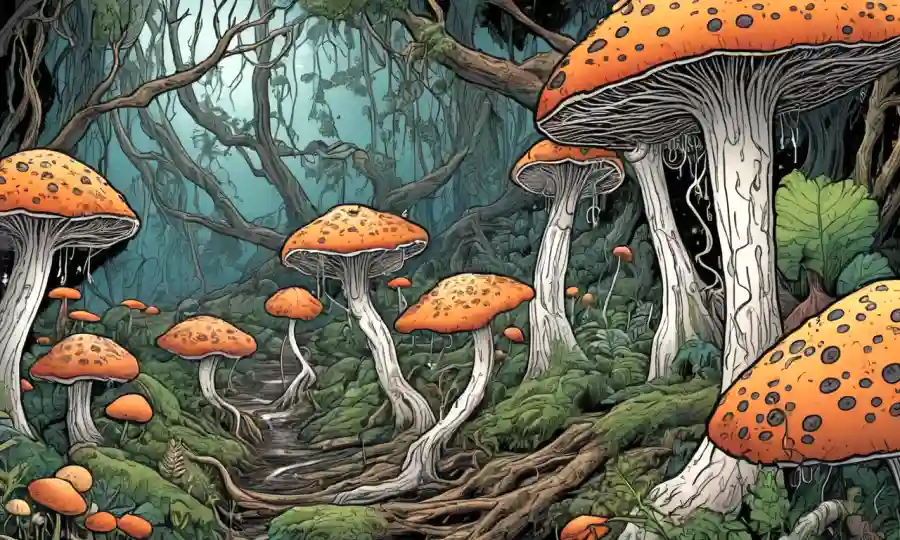 Una ilustración que describe las relaciones simbióticas entre hongos y plantas, destacando las conexiones micorrorizales.