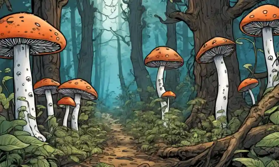 Una red de hongos interactuando con plantas en un ecosistema forestal.