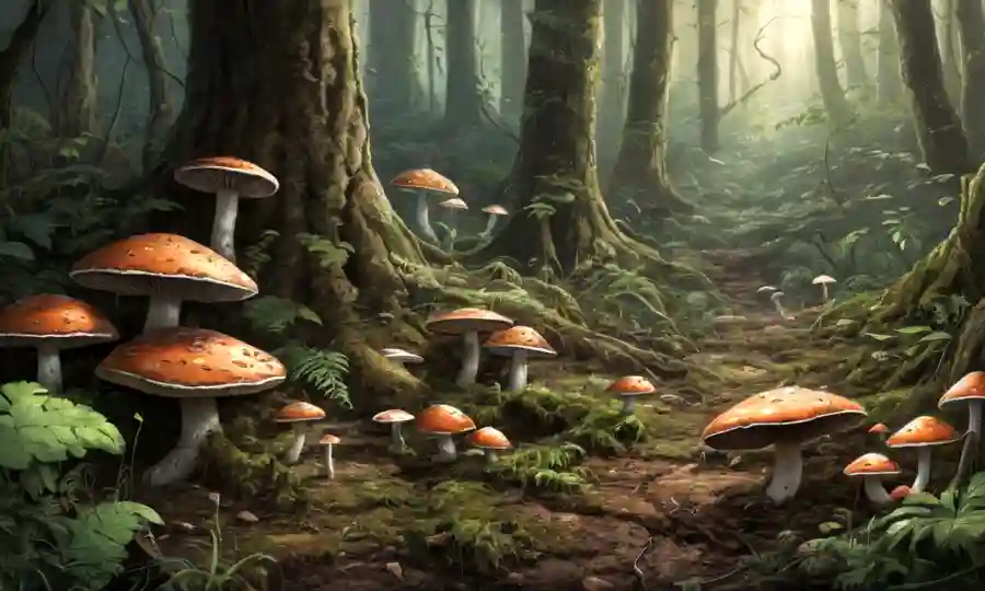 Molds hongos creciendo bajo árboles en una escena del suelo forestal destacando la armonía de los ecosistemas.