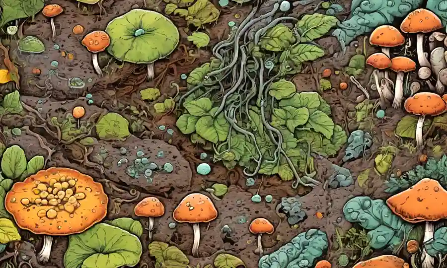Una red de hongos y plantas rodeada de bacterias microscópicas en suelo.