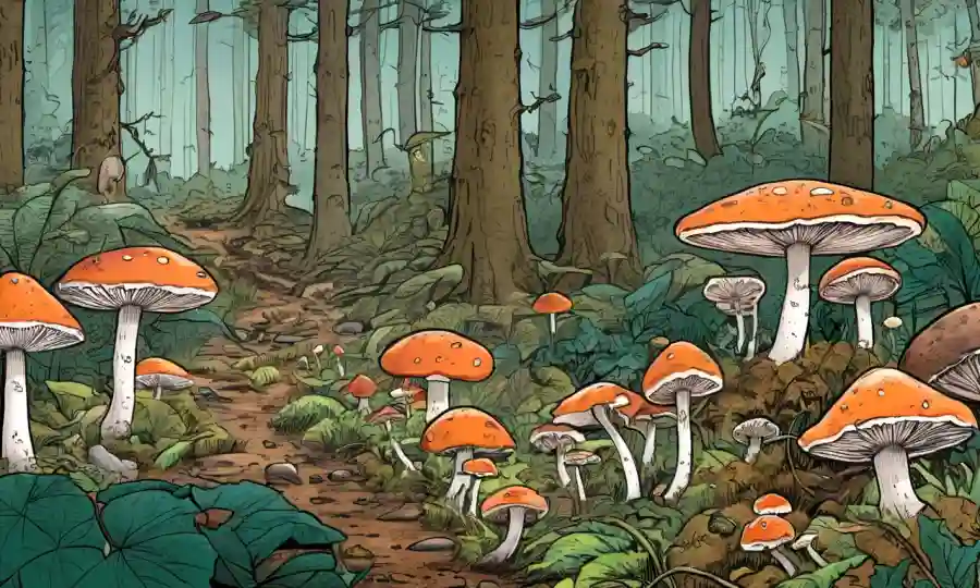 Fungi de diversas formas y tamaños en un entorno forestal, con notas ecológicas y de conservación que los rodean.