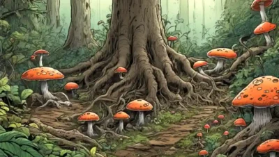 Fungi creciendo alrededor de las raíces de árboles en un bosque con vegetación que los rodea.