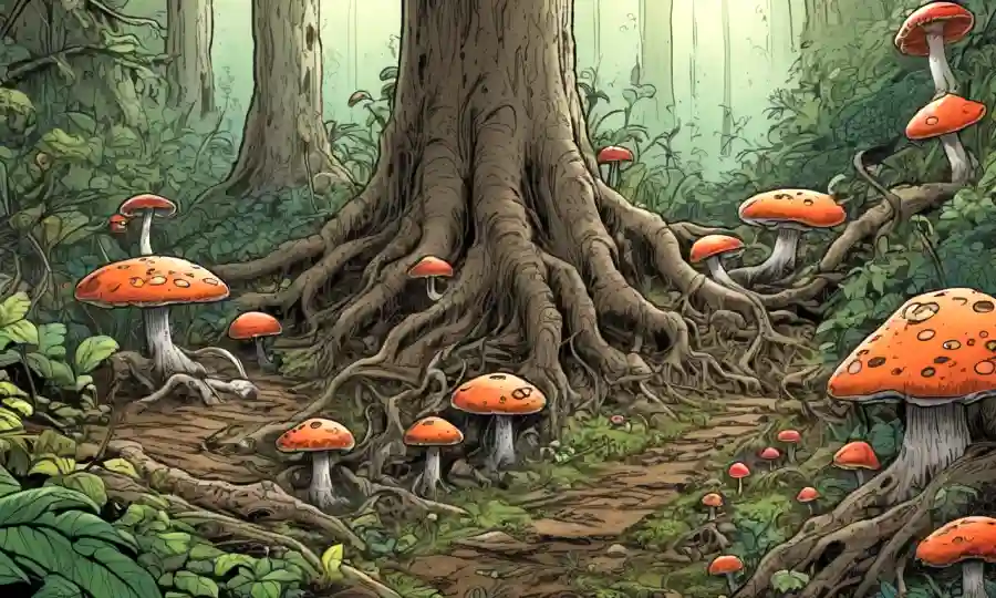 Fungi creciendo alrededor de las raíces de árboles en un bosque con vegetación que los rodea.