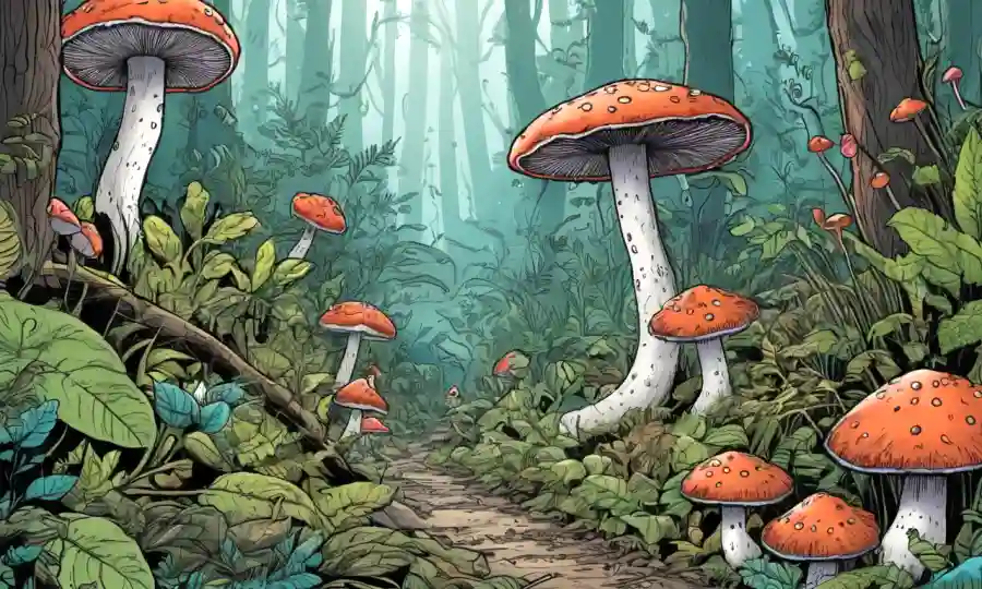 Ilustración de hongos rodeados de plantas florecientes en un ecosistema forestal.
