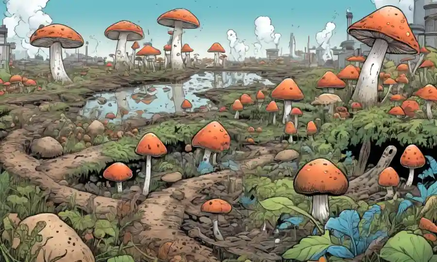 Los hongos que crecen en medio de la contaminación en un ecosistema terrestre, destacando la rehabilitación ambiental.