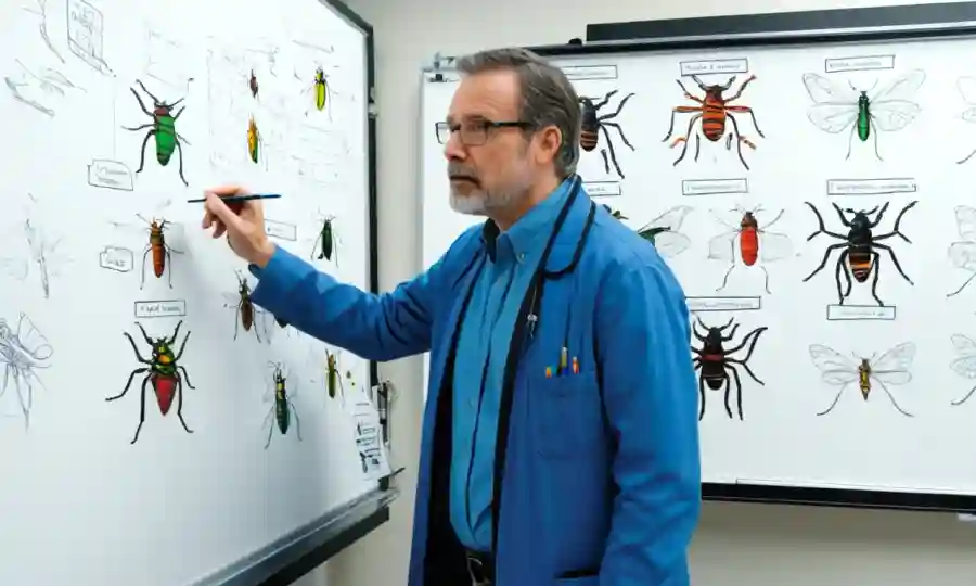 Científico examinando especímenes de insectos con etiquetas y diagramas en pizarra blanca detrás.