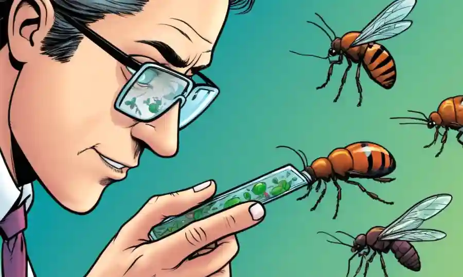 Científico examinando una diapositiva de microscopio con insectos para la identificación y el control de plagas.