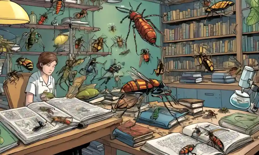 Ilustraciones científicas de insectos rodeadas de libros y estudiantes en un laboratorio.