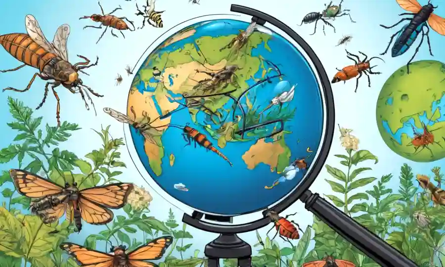 globo terrestre rodeado de ilustraciones de especies de insectos con flechas de cambio climático y lentes de aumento.