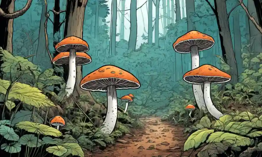 Fungi creciendo en un ecosistema forestal, con flechas sutiles destacando su papel en la descomposición y equilibrio ecológico.