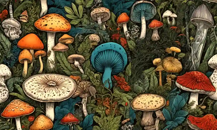 Un collage con varios hongos y símbolos culturales de diferentes tradiciones, rodeado de plantas antiguas e instrumentos curativos.