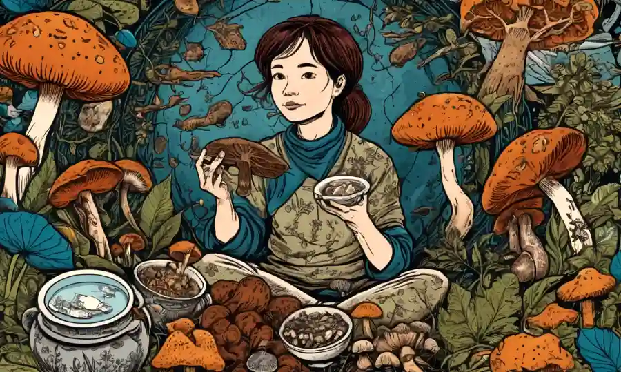 Una persona que sostiene varios tipos de hongos medicinales rodeados de símbolos curativos tradicionales.