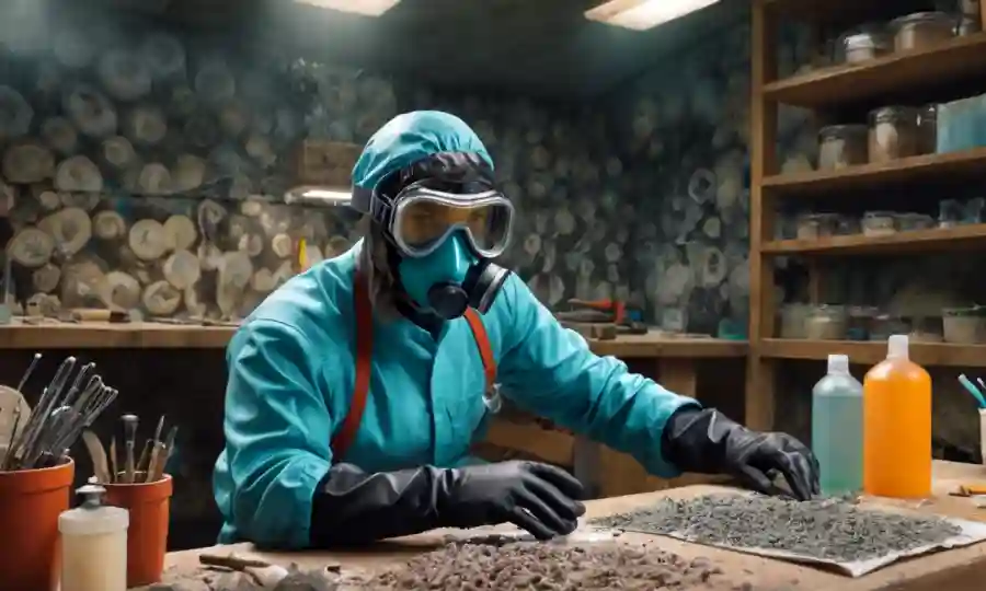 Persona con guantes protectores y gafas mientras se sienta en un banco de trabajo con esporas fúngicas cercanas.