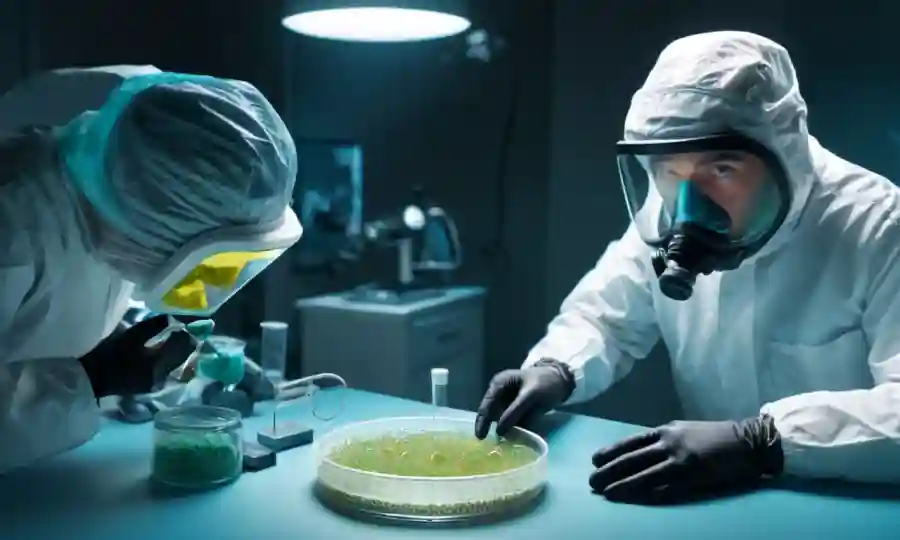 La persona que lleva equipo de seguridad tiene esporas en el plato de petri debajo del microscopio.