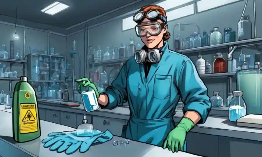 Persona con guantes y gafas en un laboratorio o entorno industrial, rodeada de equipos para la limpieza y desinfección.