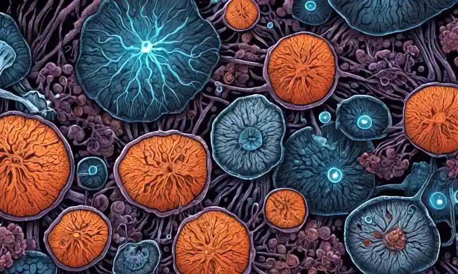 Imagen microscópica de células hongos con procesos fisiológicos destacados.