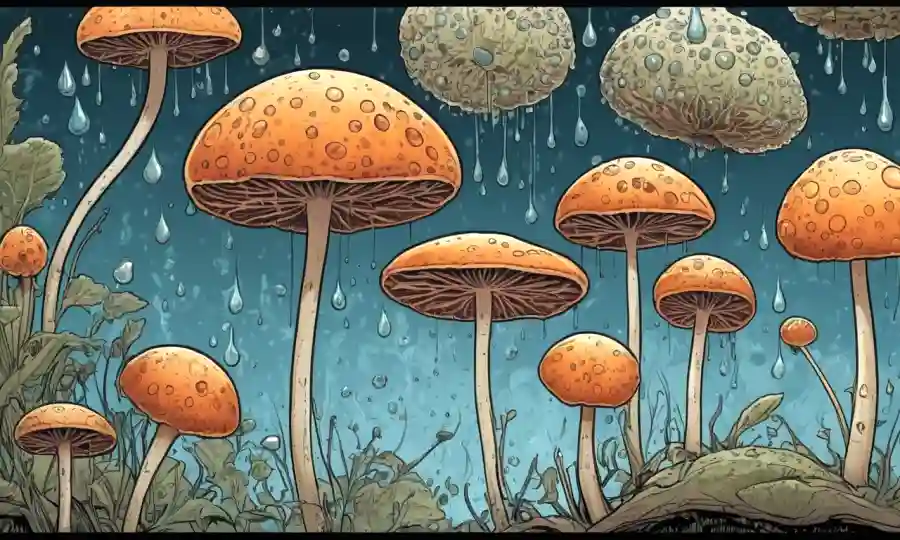 Imágenes microscópicas de esporas fúngicas rodeadas de gotas de agua y diagramas que ilustran su desarrollo.
