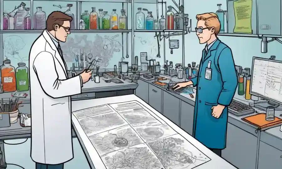 Científico en un laboratorio observando microorganismos, con diagramas y diagramas relacionados con estrategias de conservación.