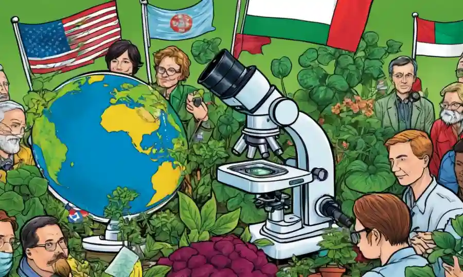 Global minds gathered around a microscope examining plant endophytes, with flags representing international collaboration.