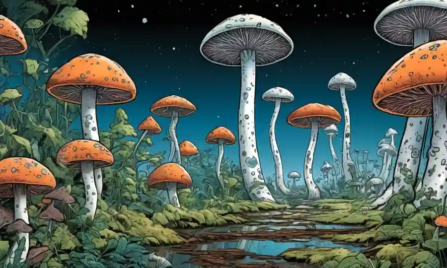 hongos microscópicos prosperando en medio de conceptos de sostenibilidad ecológica, con proyecciones de crecimiento futurista.