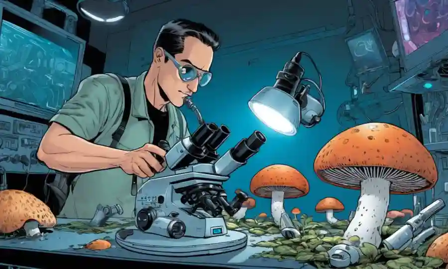 Una persona que tiene un microscopio examinando muestras de hongos en medio del equipo técnico futurista.