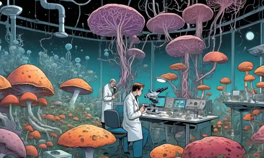 Científicos que estudian hongos bajo microscopios, rodeados de diagramas e ilustraciones futuristas de redes fúngicas.
