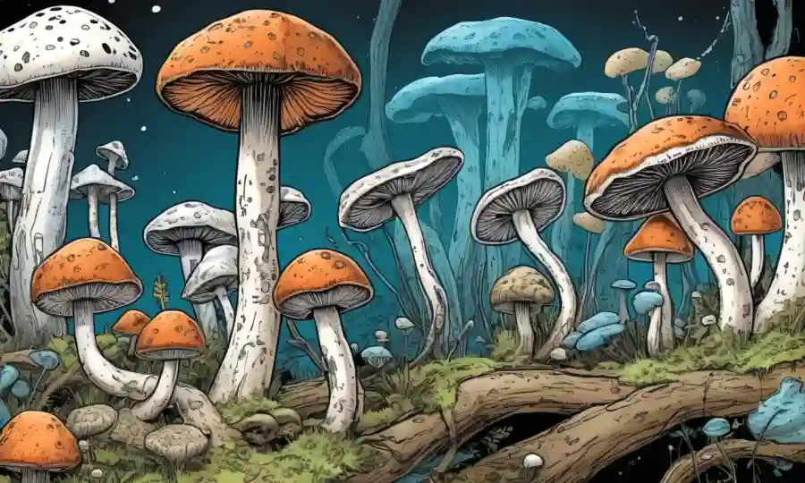 Vista microscopio de varios hongos junto a diagramas de crecimiento fúngico futurista.
