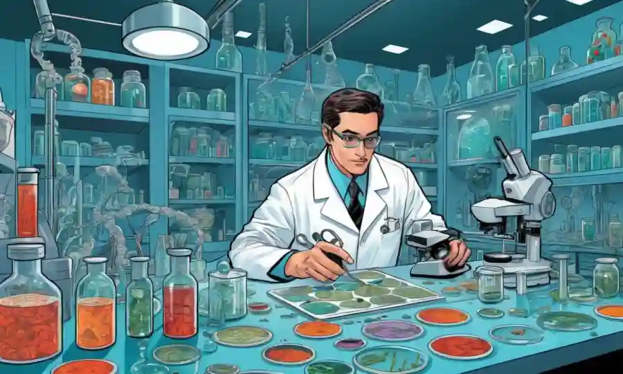 Un científico en un laboratorio rodeado de platos petri y toboganes de microscopio, con ilustraciones de aplicaciones médicas futuristas inspiradas en hongos.