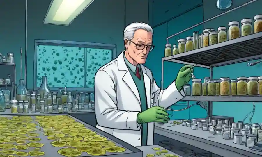 Científico examinando muestras fúngicas en un laboratorio.