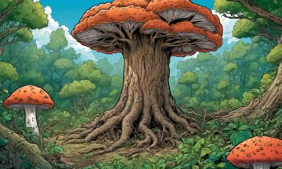 Un proceso de regeneración de árboles en el que los hongos crecen alrededor del tronco entre vegetación exuberante.