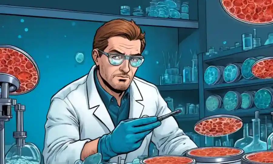 Microbiólogo examinando platos petri con culturas fúngicas bajo aumento del microscopio.