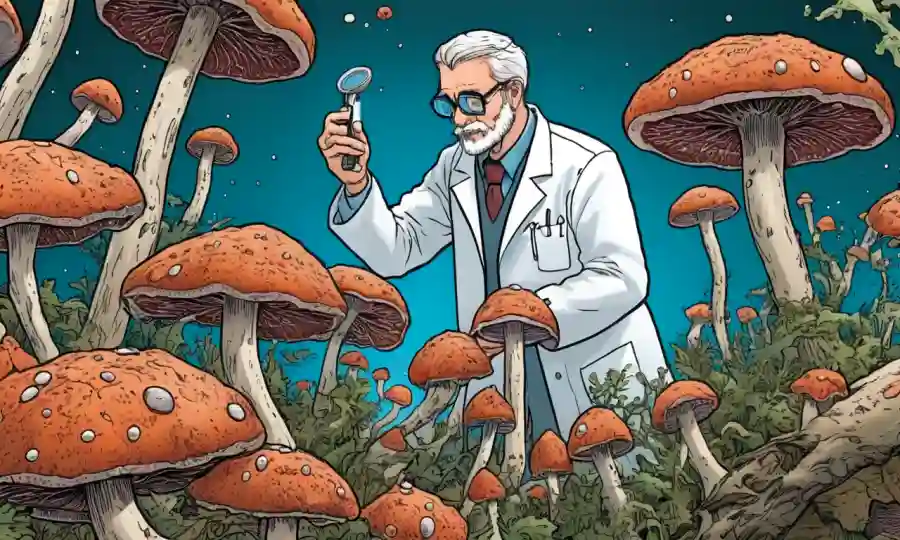 Vista microscópica de pruebas fúngicas siendo examinadas por un científico.