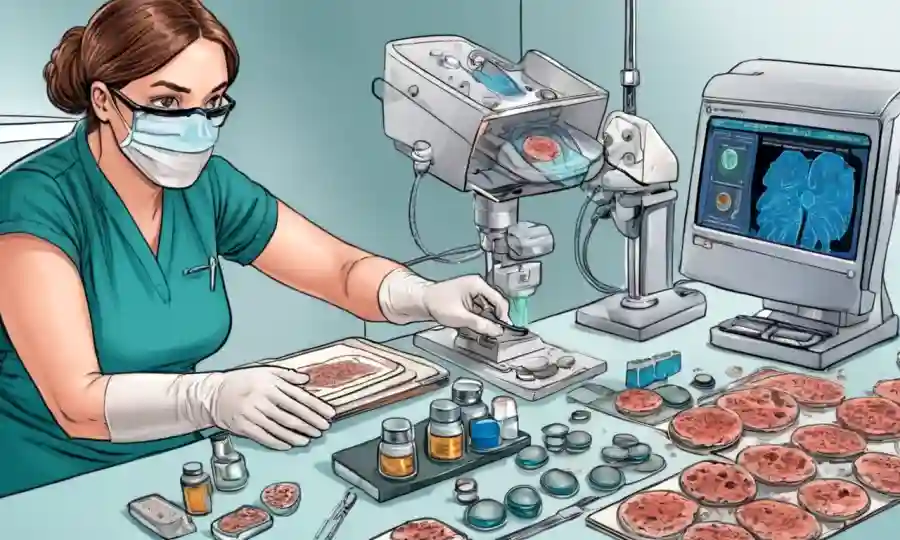 Un profesional médico que examina muestras de piel para infecciones fúngicas utilizando diversos equipos.