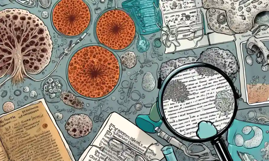 Una imagen de microscopio de esporas fúngicas y tubos de ensayo rodeados de textos médicos.