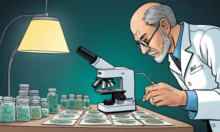 El microbiólogo examina las diapositivas del microscopio para exámenes fúngicos.