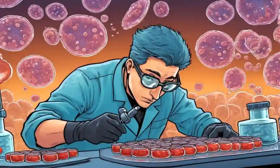 Microbiólogo que examina los platos petri bajo un microscopio con crecimiento fúngico.