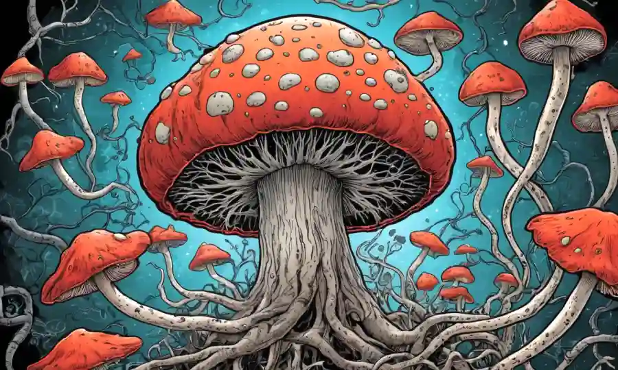 Un hongo rodeado de neuronas cerebrales y neurotransmisores, con una burbuja de pensamiento que sugiere beneficios potenciales para la salud.