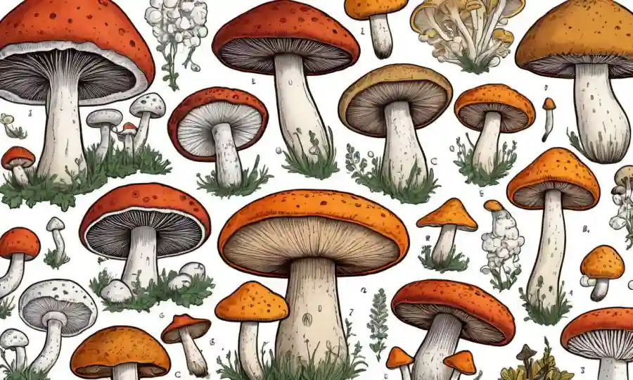 Ilustraciones de diferentes tipos de hongos con compuestos químicos y estructuras químicas explicadas.