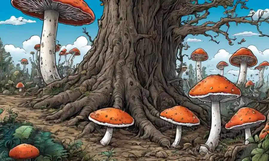 Fungi creciendo en medio de árboles climatizados con iconos relacionados con el clima que los rodean.
