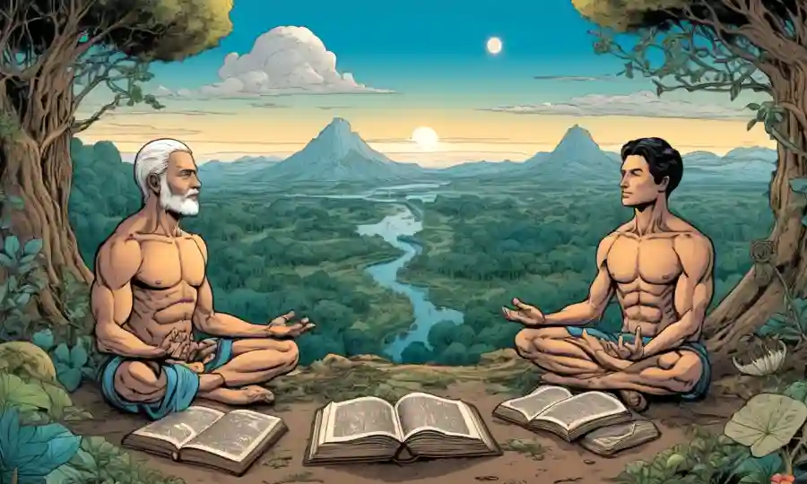 Libros antiguos e ilustraciones fungosas que rodean a los humanos meditando cerca de la configuración natural.