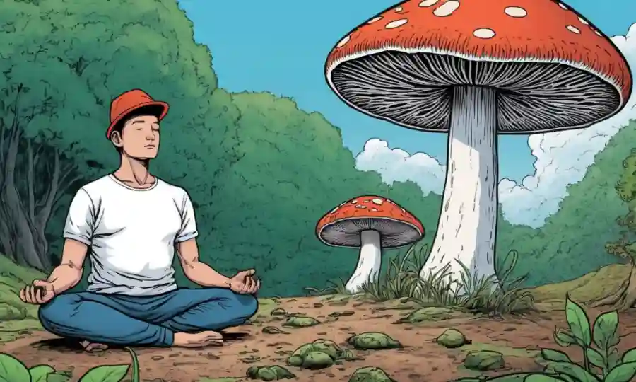 Un hongo creciendo cerca de una persona meditando en la naturaleza.