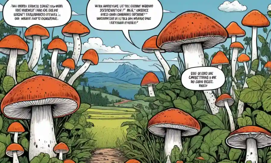 Retrato de hongos comestibles con texto que analiza los beneficios de la salud junto con ilustraciones agrícolas sostenibles.