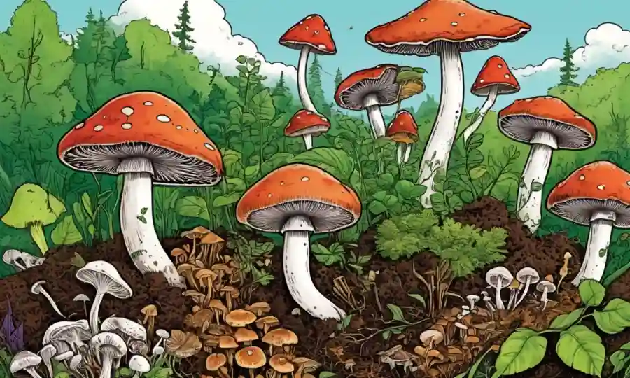 Una imagen que combina hongos con símbolos de sostenibilidad (composting