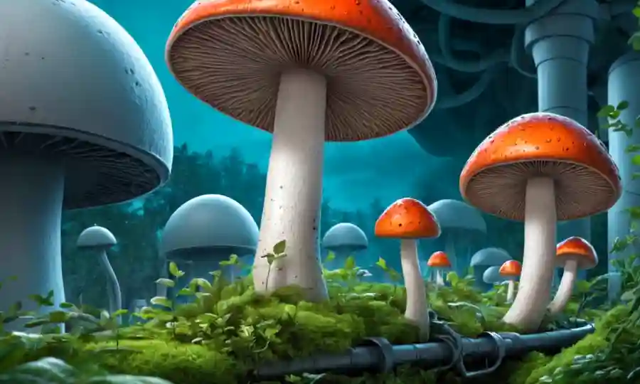 Un hongo creciendo en medio de células o tuberías de combustible, con vegetación en el fondo, destacando la conexión entre hongos y biocombustibles.