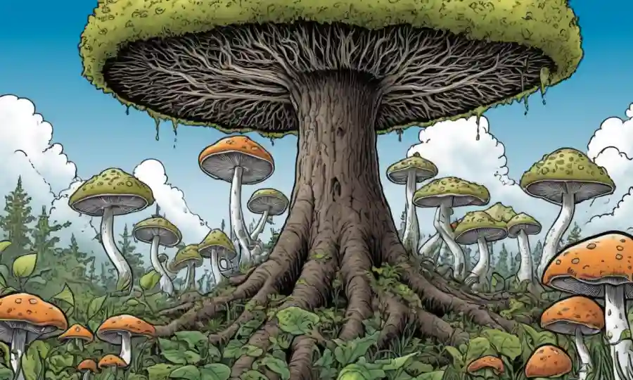 Fungi cultivando en árboles con biocombustibles en el fondo. (Nota: Supongo que quieres que proporcione un breve resumen inglés del concepto, en lugar de traducir el título)